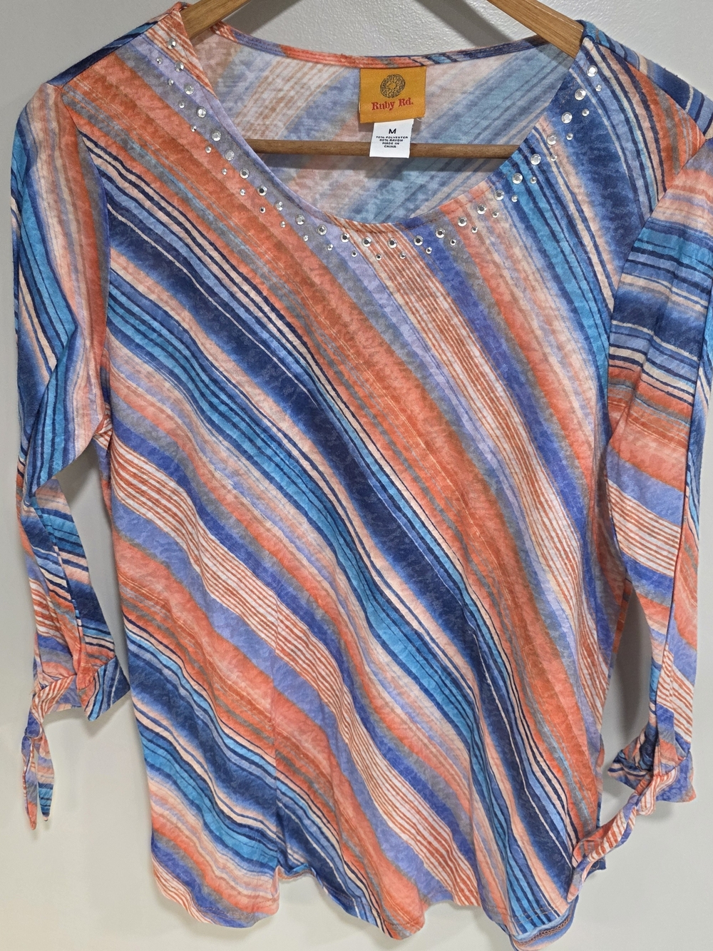 Ruby Rd. Striped Long Sleeve Top in Coral, Blue & White with Studded Neckline